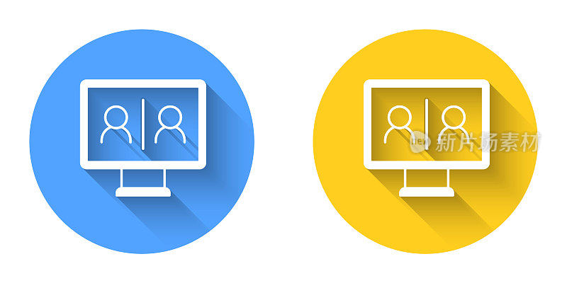 白色视频聊天会议图标与长阴影背景隔离。在线会议可以在家工作。远程项目管理。圆按钮。向量