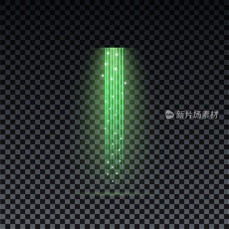 绿色的焦点。透明背景上的绿色激光束。激光射线，照明效果在透明的黑色背景。