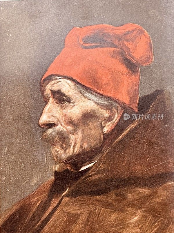 一个戴着红帽子的老水手的肖像，侧视图，爆头