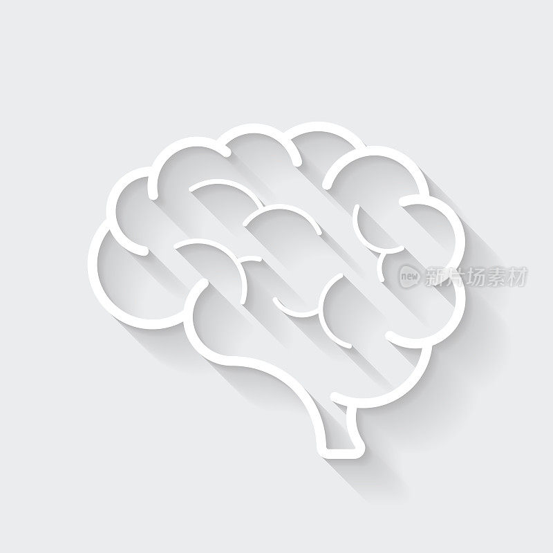 大脑。图标与空白背景上的长阴影-平面设计