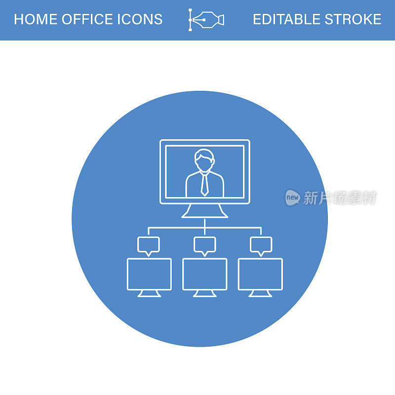 家庭办公视频会议线路图标，蓝色圆圈，透明背景