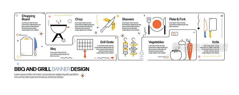 烧烤和烧烤概念，线风格矢量插图