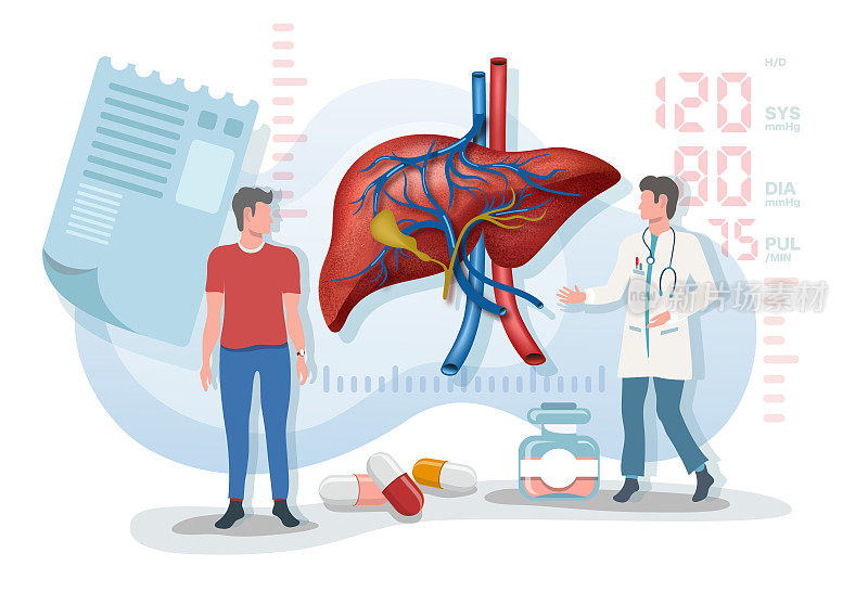 平面矢量插图医生与病人谈论肝脏