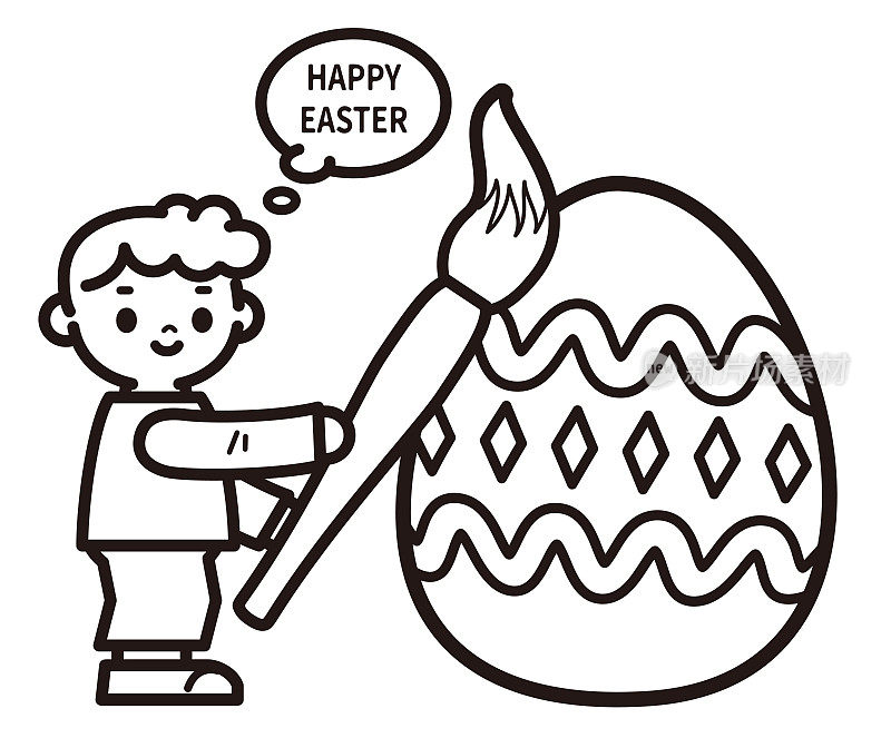 复活节快乐!微笑的男孩艺术家用一个大画笔画复活节彩蛋
