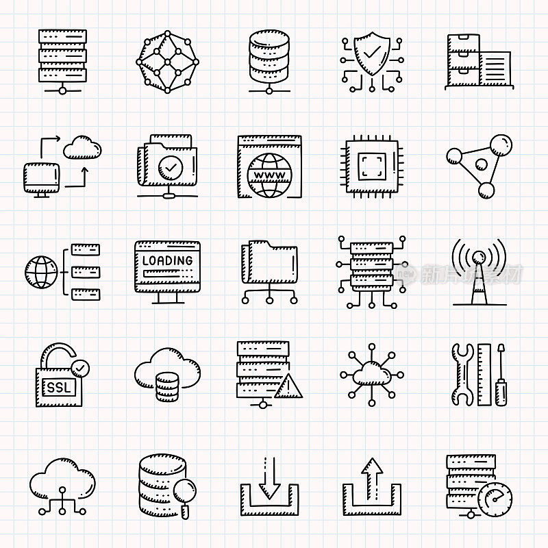 网站托管相关手绘图标集，涂鸦风格矢量插图