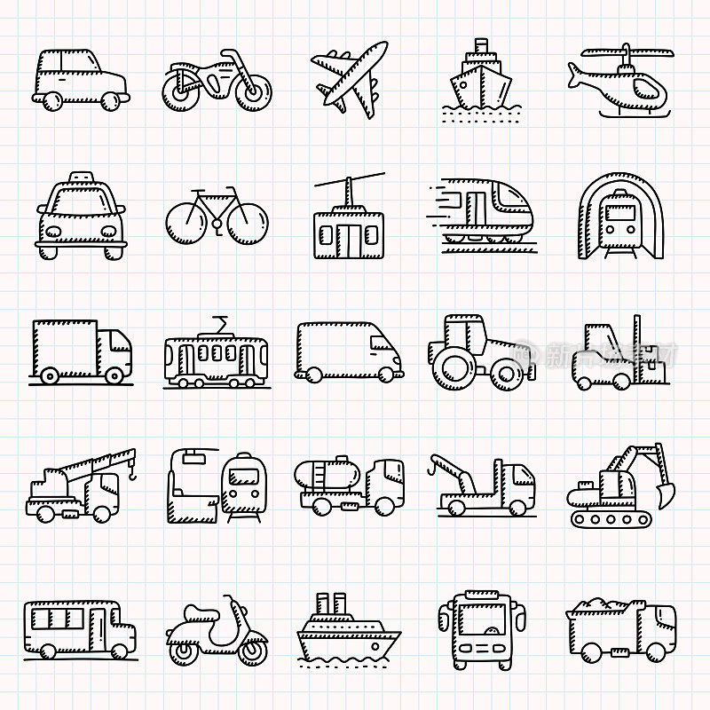 车辆和运输相关的手绘图标集合，涂鸦风格矢量插图