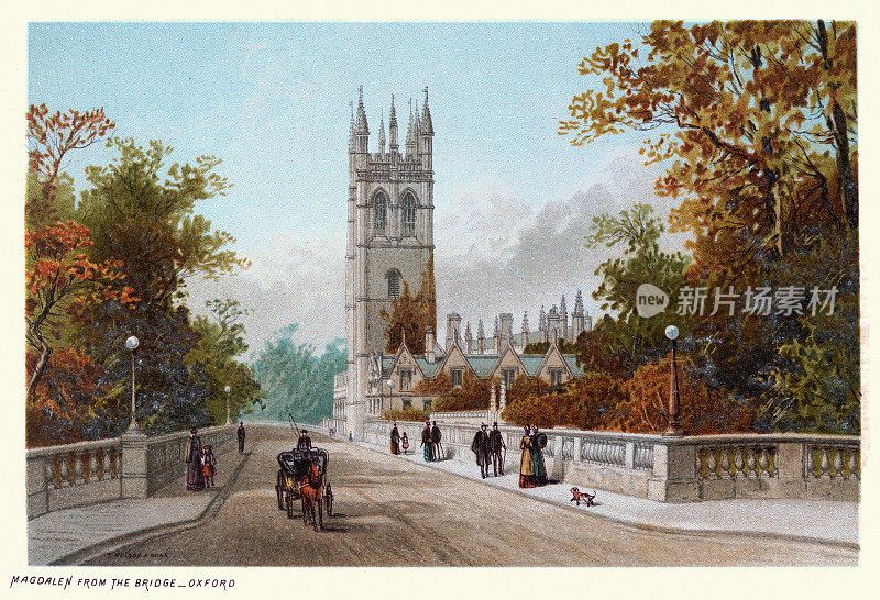 19世纪90年代，英格兰牛津桥上的莫德林古董插图