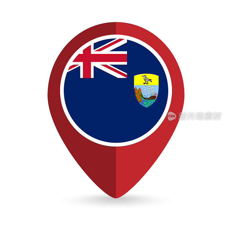 地图指针与国家圣赫勒拿岛，阿森松岛和特里斯坦达库尼亚。圣赫勒拿岛，阿森松岛和特里斯坦达库尼亚旗。矢量插图。
