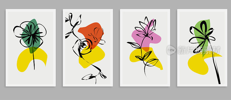 向量集的创意极简手绘树叶花和颜色几何元素插图墙装饰明信片或小册子封面卡横幅，抽象背景收集