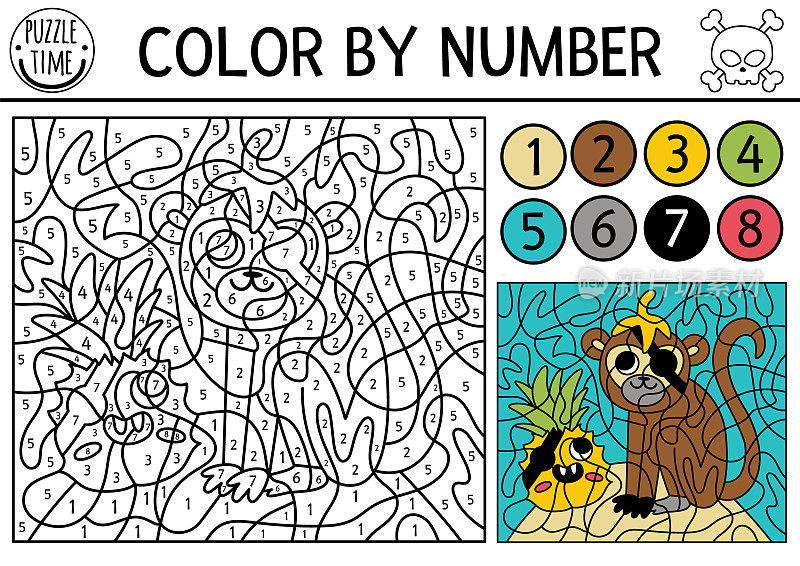 向量海盗颜色的数字活动与猴子和卡哇伊菠萝。金银岛的场景。黑色和白色的计数游戏与可爱的动物。海洋冒险彩色页面的孩子