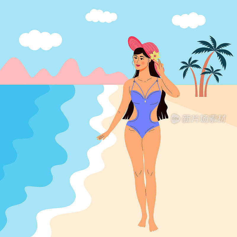 漂亮的女孩穿着泳装，戴着帽子在沙滩上散步。