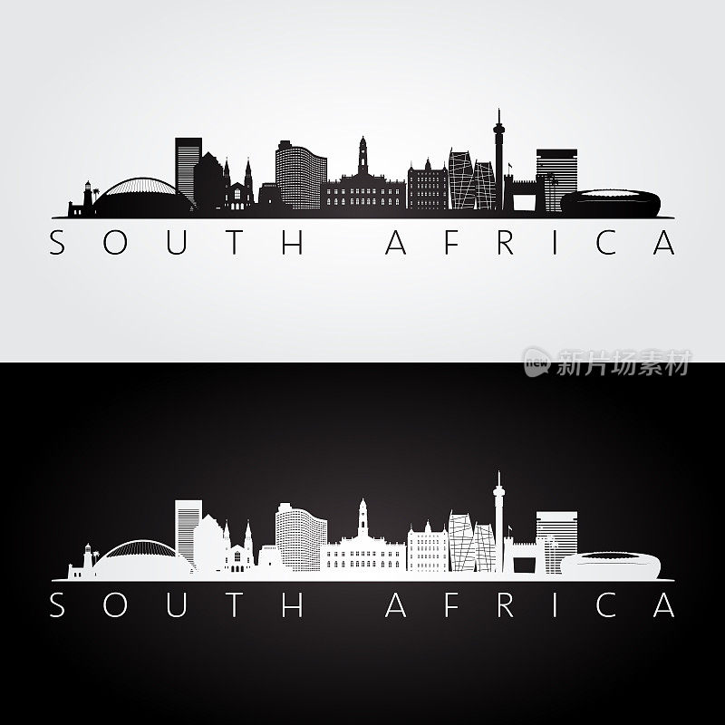 南非天际线和地标剪影，黑白设计，矢量插图。