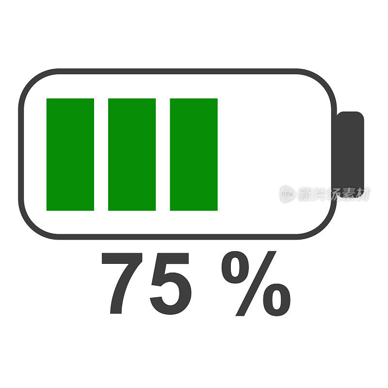 75%电池能量图标，电池充电器概念