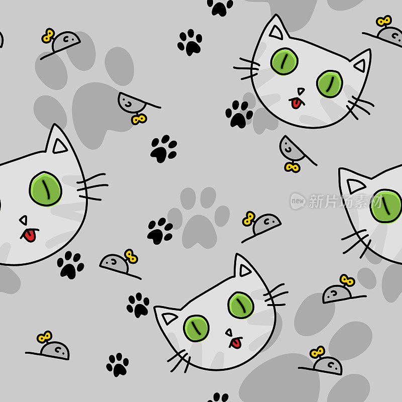 无缝模式。灰色的傻猫长着绿色的眼睛，伸出舌头，小老鼠拿着钥匙和猫的脚印。纺织品或包装纸的有趣质地