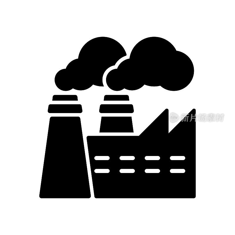 工厂工业大厦用烟雕象形文字。电站电力能源剪影图标。工业生产核污染标志。电厂。孤立的矢量图