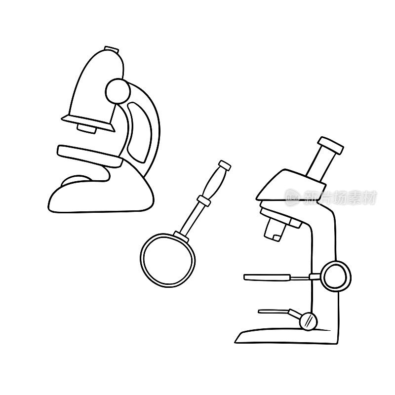 单色图片，实验室研究用放大镜，显微镜和放大镜，矢量
