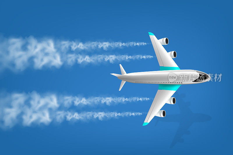 一架飞行的飞机的剪影孤立在蓝天中，飞机的形状与一个凝结痕迹的矢量插图。