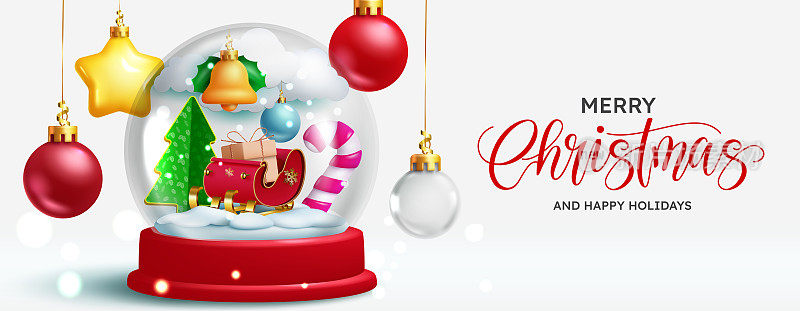 圣诞季矢量设计。圣诞快乐祝福文字与水晶雪球元素为圣诞快乐的节日信息。