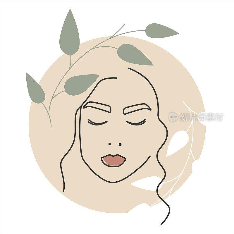 女性肖像线条艺术概念。睡觉放松的女人与新鲜的叶子。漂亮脸蛋贴纸。连续的线。适合美容、水疗、化妆品。矢量插图在白色背景