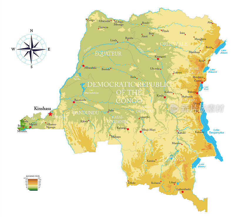 刚果民主共和国高度详细的物理地图