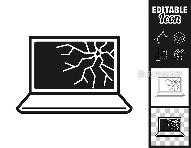 笔记本电脑屏幕坏了。图标设计。轻松地编辑
