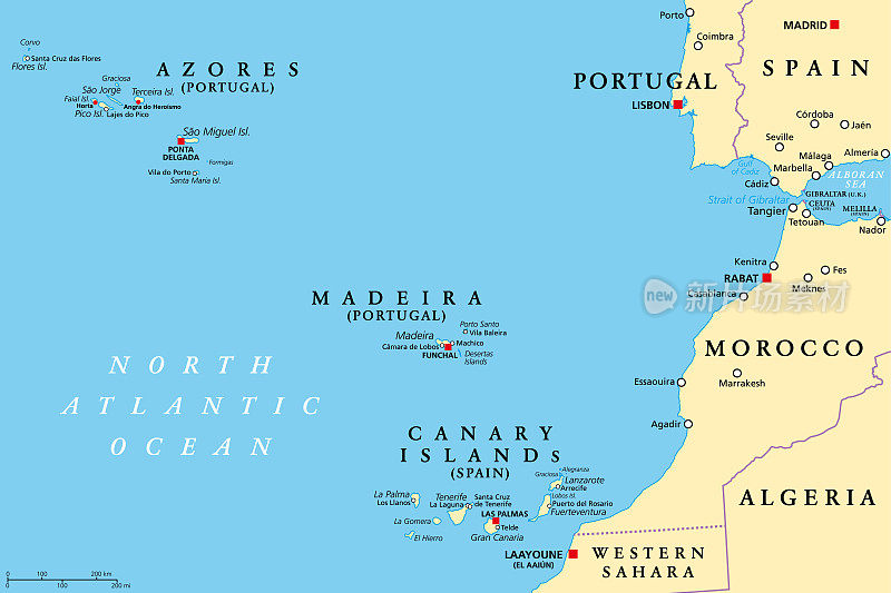 亚速尔群岛，马德拉群岛和加那利群岛，自治区，政治地图