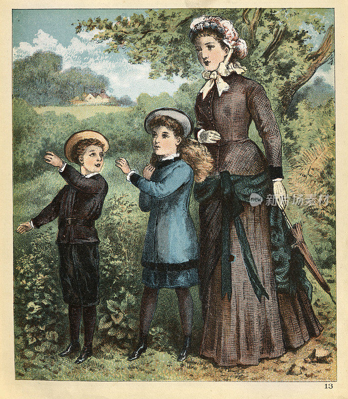 女人，男孩和女孩，孩子们和他们的母亲在乡间散步，维多利亚19世纪