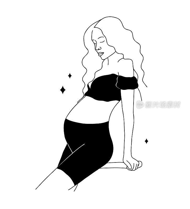 线性的孕妇。抽象的女性剪影在黑色内衣。快乐的母亲节。线条艺术风格的现代矢量插图
