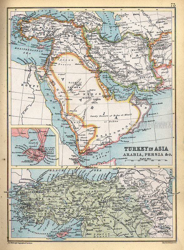 古代地图土耳其在亚洲，奥斯曼，阿拉伯，波斯，细节亚丁，19世纪，1890年代