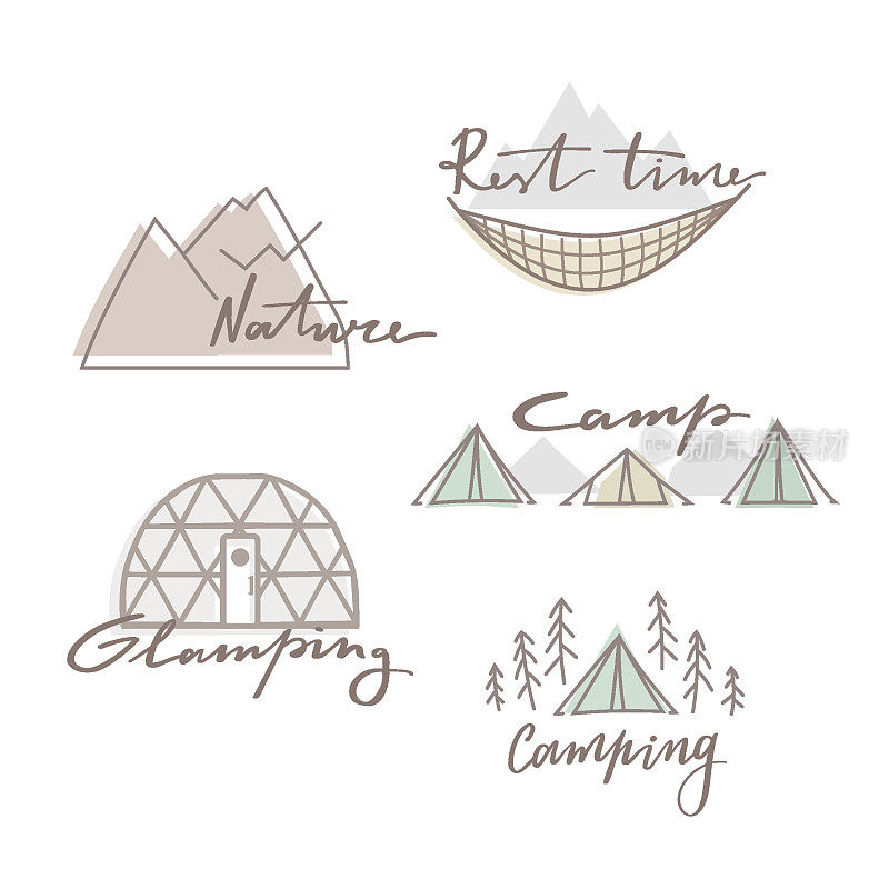 集户外夏令营、豪华野营、标志。手绘和矢量徽标设计。非常适合衬衫，邮票，贴纸，标志，标签，标签。