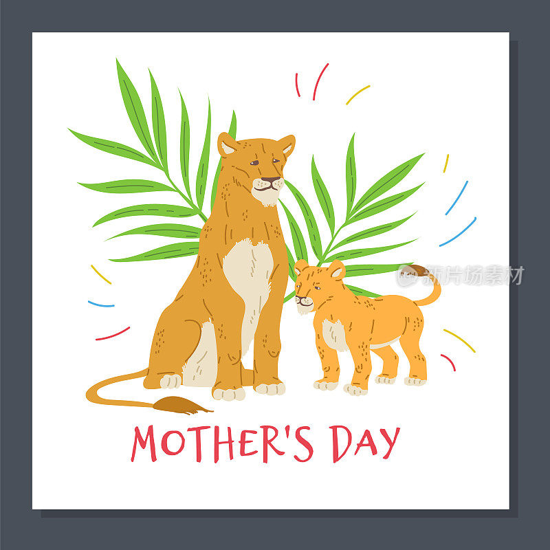 Motherâ的节日贺卡，母狮和她的幼崽——平矢量插画。