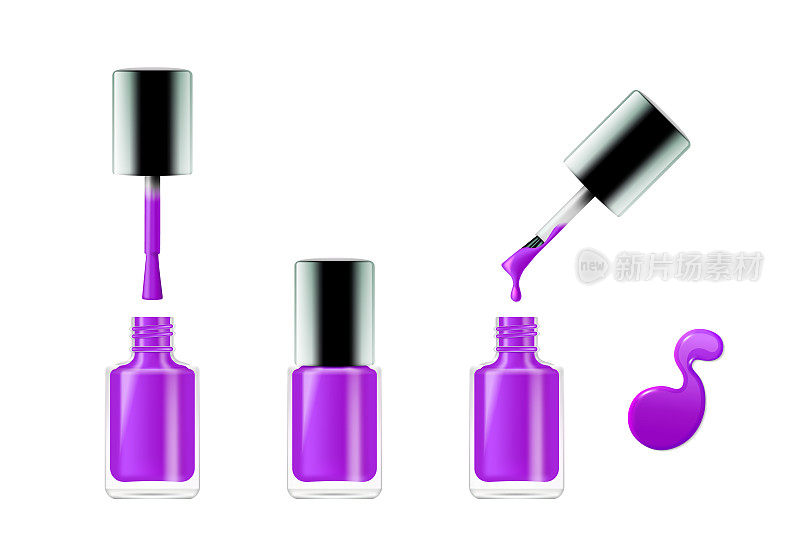 紫色指甲油逼真套装。指甲油用于修甲，开、闭瓶、刷、滴