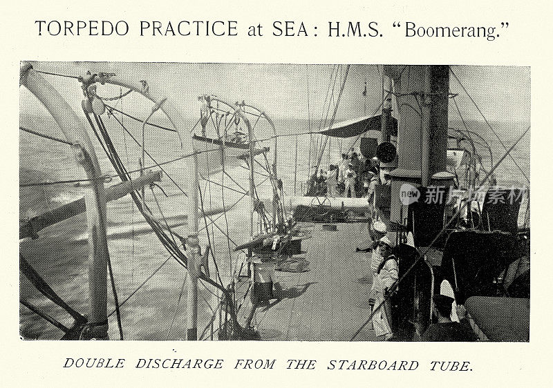 从HMS回旋镖发射的鱼雷，皇家海军炮艇战舰，维多利亚时代的复古照片