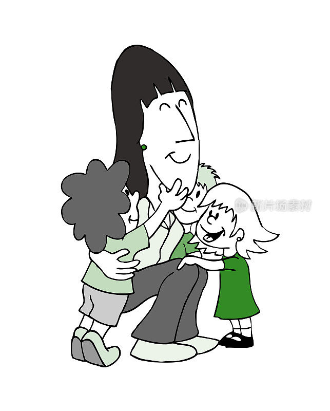 可爱快乐的孩子们微笑着，笑着拥抱着一个蹲着的黑发女人。卡通风格的矢量插图。