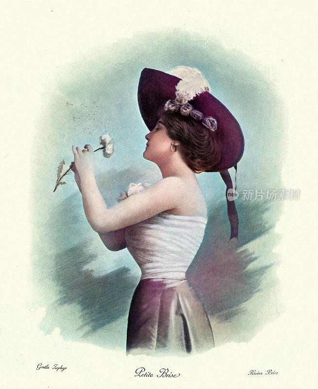 19世纪，19世纪，19世纪，19世纪，美丽的年轻女子吹蒲公英种子的维多利亚时代复古照片。温柔的西风