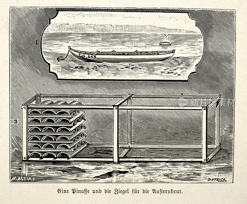 维多利亚时代的牡蛎孵化场和船，在Arcachon湾，法国，1890年代，19世纪
