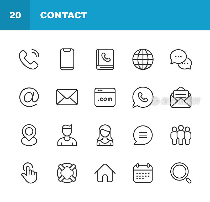 联系我们线路图标。可编辑的中风。像素完美。移动和网络。包含日历、聊天、电子邮件、常见问题、链接、地图、会议、消息、导航、办公室、播客、搜索引擎优化、社交媒体、语音泡泡、文本消息、视频会议等图标。
