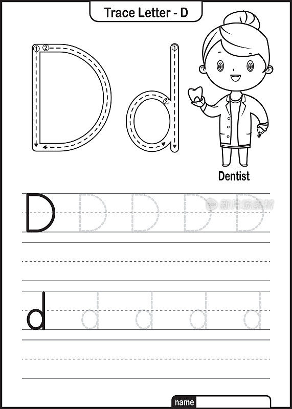 字母描摹字母A到Z学龄前工作表与字母D牙医亲矢量