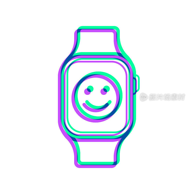 有快乐表情的智能手表。图标与两种颜色叠加在白色背景上