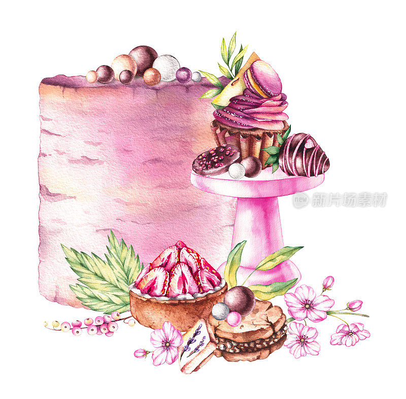 水彩蛋糕与甜点、馅饼、饼干、巧克力草莓和鲜花的组合