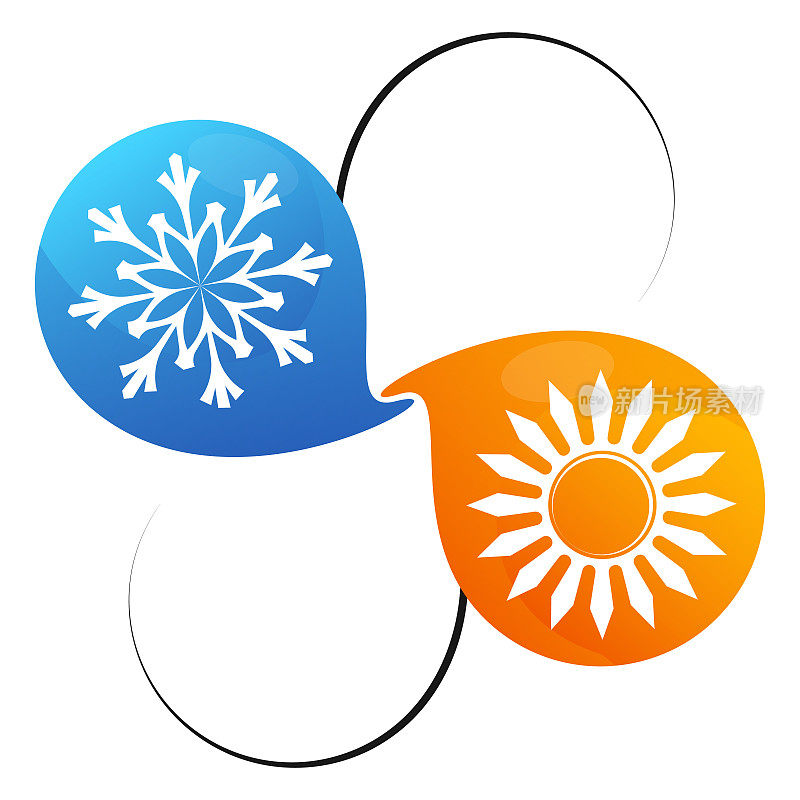 太阳雪花和扇子的象征。空调和采暖设计