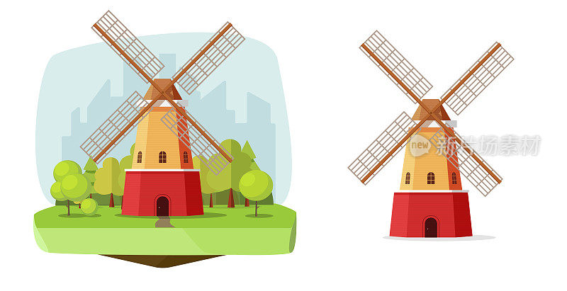 磨坊荷兰农场矢量面粉风车平面平面设计插图上的领域和孤立的剪贴画卡通形象，木制旧复古风风扇场景剪贴艺术