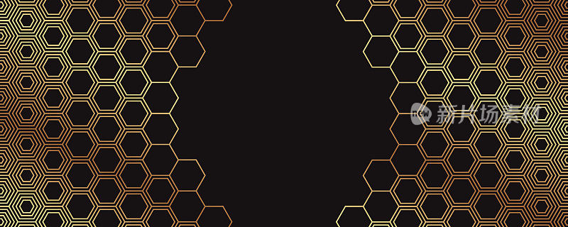 几何豪华黑色背景与金色六边形或蜂窝状。