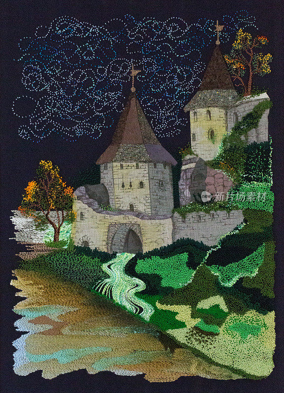 织物上画着古老的城堡