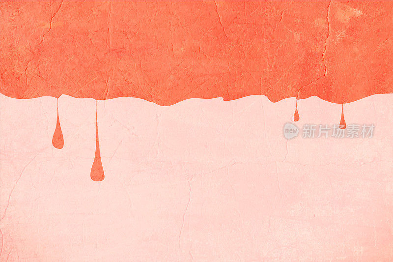 粉彩浅桃色或淡粉色垃圾艺术背景的抹灰和油漆或粉刷墙与顶部边界的对比，深色珊瑚橙色铁锈色滴落油漆涂鸦留下复制空间