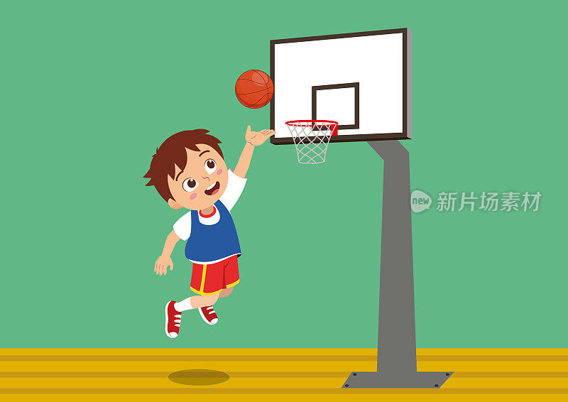 快乐的小男孩正在打篮球。正在打篮球的孩子
