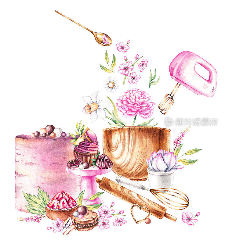 水彩画组的甜点，烘焙工具，鲜花在白色的背景