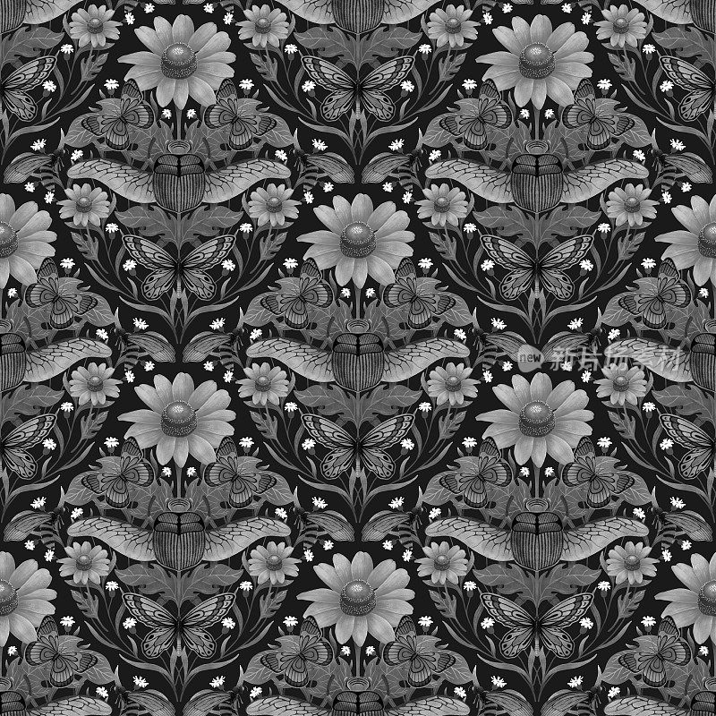 黑色无缝图案与灰色数字水彩甲虫，蝴蝶和盛开的花朵