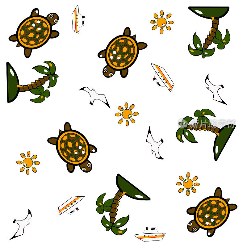图案海集，太阳，海龟，海鸥，岛屿在一个白色的背景