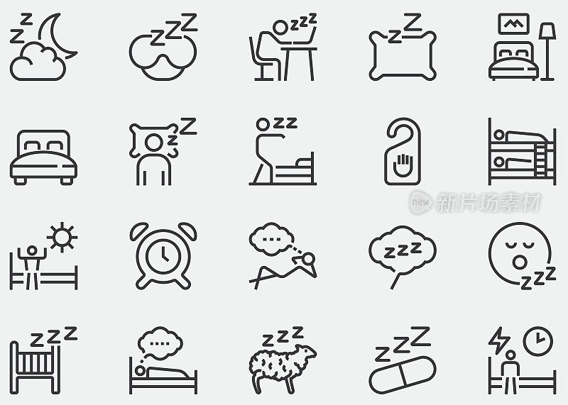 睡眠线图标。睡眠，卧室，梦，枕头，床，闹钟，失眠，夜，休息和睡眠障碍，睡眠眼镜，羊，卧室休息床垫，Zzz贪睡，人睡在床上，打鼾